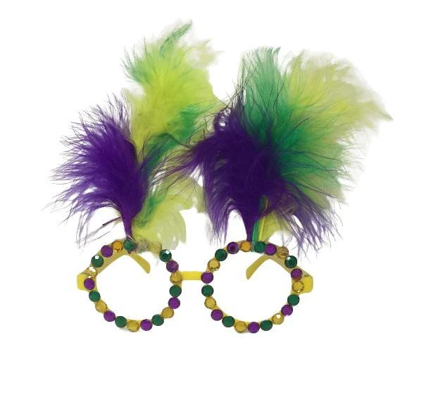 Mardi Gras Spot Novelties Glasses With Purple, Green And Gold Feathers, Sequins And No Lenses (Each) 3 Mardi Gras Spot Novelties Glasses With Purple, Green And Gold Feathers, Sequins And No Lenses (Each)
