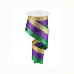 Plush Appeal Purple, Green, And Gold 3-In-1 Shimmer Glitter Stripe Ribbon - 2.5" X 10yd (Each)
