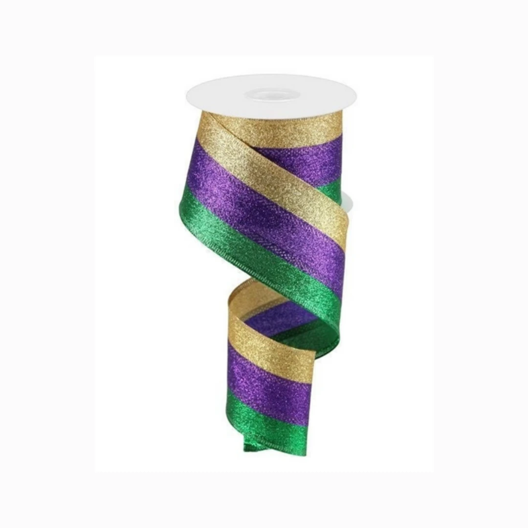Plush Appeal Purple, Green, And Gold 3-In-1 Shimmer Glitter Stripe Ribbon - 2.5" X 10yd (Each) 3 Plush Appeal Purple, Green, And Gold 3-In-1 Shimmer Glitter Stripe Ribbon - 2.5" X 10yd (Each)