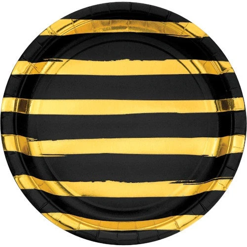 Plush Appeal, LLC 9" Black Velvet With Gold Foil Stripes Plates (Pack Of 8) 3 Plush Appeal, LLC 9" Black Velvet With Gold Foil Stripes Plates (Pack Of 8)