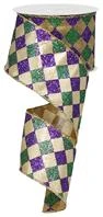 Mardi Gras Spot 2.5" X 10 Yard Glitter Diamond Check Mardi Gras Ribbon (Roll) Party Supplies