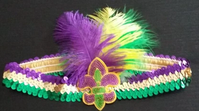 Plush Appeal, LLC Headbands Purple, Green And Gold Sequin Headband With Fleur De Lis And Feathers (Each) 3 Plush Appeal, LLC Headbands Purple, Green And Gold Sequin Headband With Fleur De Lis And Feathers (Each)