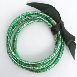 MGSPOT Green And Silver Crackle Bangle Bracelet (Set Of 3)